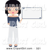Clip Art of a Black Haired White Woman Dressed in White and Blue, Holding up a Blank Sign with Small Hearts on It by Melisende Vector