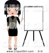 Clip Art of a Black Haired White Woman Pointing to a Blank Easel Board During a Presentation by Melisende Vector