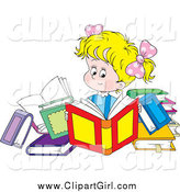 Clip Art of a Blond Caucasian Girl Reading Books by Alex Bannykh