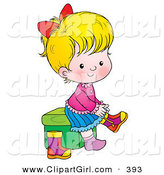 Clip Art of a Blond Girl Sitting on a Stool and Putting Her Boots on on White by Alex Bannykh