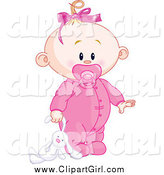 Clip Art of a Blond White Baby Girl Dragging a Stuffed Bunny by Pushkin
