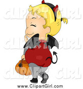 Clip Art of a Blond White Toddler Devil Halloween Girl Carrying a Pumpkin Basket by BNP Design Studio