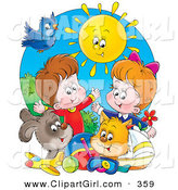Clip Art of a Bright Sun Shining down on a Bird, Dog, Cat, Toys and a Boy and Girl by Alex Bannykh