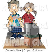 Clip Art of a Brother and Sister Standing and Watching Tv Together While Holding Hands by Djart