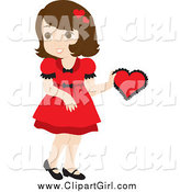 Clip Art of a Brunette Girl in a Red Dress, Holding a Red Valentine by Rosie Piter