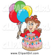 Clip Art of a Brunette White Birthday Girl with Balloons and a Cake by Visekart