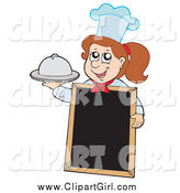 Clip Art of a Brunette White Chef Girl Holding a Platter by a Blank Menu Board by Visekart