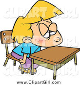 Clip Art of a Cartoon Bored Blond White School Girl at Her Desk by Toonaday