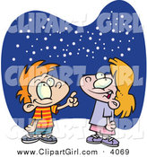Clip Art of a Cartoon Caucasian Boy and Girl Gazing at the Stars by Toonaday
