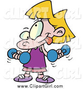 Clip Art of a Cartoon Little Blond Girl Lifting Dumbbells by Toonaday