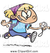 Clip Art of a Cartoon White Hiker Girl Running with a Compass by Toonaday