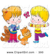 Clip Art of a Cat, Boy and Girl Chasing a Butterfly and Playing Together by Alex Bannykh