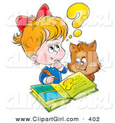 Clip Art of a Cat Watching a Little Blond Girl Do Her Homework on White by Alex Bannykh