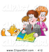 Clip Art of a Cat Watching an Average Family of a Mother, Father and Son Writing in a Family Photo Album by Alex Bannykh
