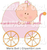 Clip Art of a Caucasian Baby Girl in a Pink Stroller Carriage, Looking over the Side on White by Maria Bell