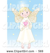 Clip Art of a Caucasian Cute, Innocent, Blond Femal Angel with a Halo, Holding a Pink Heart by Pushkin