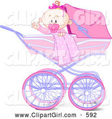 Clip Art of a Cheerful Waving Baby Girl with a Blanket and Pacifier, in a Carriage by Pushkin