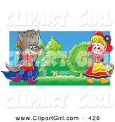 Clip Art of a Colorful Painting of a Girl Playing the Part of Little Red Riding Hood and a Boy in a Wolf Costume, Entertaining People During a Drama Play by Alex Bannykh