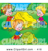 Clip Art of a Colorful Picture of Children Setting up Their Tent at a Campground by Alex Bannykh