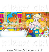 Clip Art of a Colorful Picture of Happy Grandchildren Hugging Grandma at a Table While a Cow Chews on Grass in the Window by Alex Bannykh