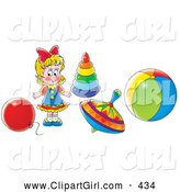Clip Art of a Colorfully Dresed Little Blond Girl Playing with a Balloon, Rings, Top and Ball by Alex Bannykh