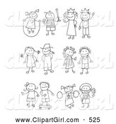 Clip Art of a Coloring Page of a Stick Girl Juming Rope, Boy Playing Baseball, King, Queen, Farmer and Wife, Skating Girl, Skateboarding Boy, Cheerleader and Football Player by C Charley-Franzwa