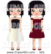 Clip Art of a Couple of Black Haired Female Paper Dolls in Black and White and Red Formal Dresses and Gowns by Melisende Vector
