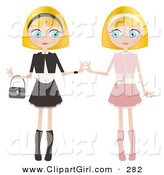 Clip Art of a Couple of Blond Haired, Blue Eyed Caucasian Women, Twins, Dressed in Pink and Black and White, Standing Side by Side and Touching Hands by Melisende Vector