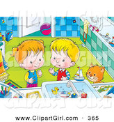 Clip Art of a Curious Cat Watching a Boy and Girl Playing with Toys in a Bathroom Sink by Alex Bannykh