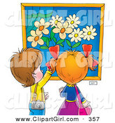 Clip Art of a Curious Little Boy and Girl Admiring a Painting of Flowers in a Museum or Art Gallery by Alex Bannykh
