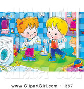 Clip Art of a Cute and Happy Boy and Girl Standing by a Washing Machine, a Cat Standing Behind a Doorway by Alex Bannykh