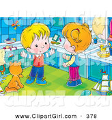 Clip Art of a Cute and Happy Boy Talking with His Sister While Standing by a Cat in a Bathroom by Alex Bannykh