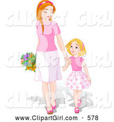Clip Art of a Cute and Happy Young Daughter Holding Hands and Walking with Her Mom on Mother by Pushkin