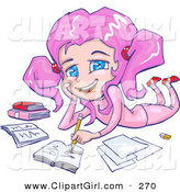 Clip Art of a Cute and Smiling Pink Haired, Blue Eyed School Girl in Pink Clothes, Laying on Her Belly and Doing Homework for School by Tonis Pan