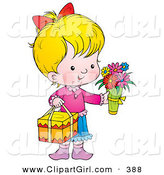 Clip Art of a Cute and Sweet Little Girl Carrying Flowers and a Gift on Mothers Day by Alex Bannykh