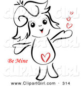 Clip Art of a Cute and Sweet Little Girl with a Heart on Her Belly, Holding Her Arms out and Smiling with Red "Be Mine" Valentine's Day Text by