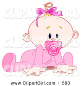 Clip Art of a Cute Baby Girl in a Sleeper, Sucking in a Pacifier and Trying to Crawl by Pushkin