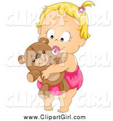 Clip Art of a Cute Blond Baby Girl Sucking on a Pacifier and Hugging Her Teddy Bear by BNP Design Studio