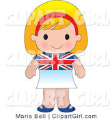 Clip Art of a Cute Blond English Girl Wearing a Flag of Britian Shirt and White Skirt by Maria Bell