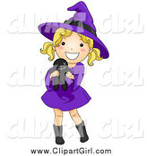 Clip Art of a Cute Blond White Halloween Girl in a Witch Costume, Holding a Voodoo Doll by BNP Design Studio