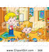 Clip Art of a Cute Boy and Girl Playing in a Room, Watching a Cat Groom Its Paw by Alex Bannykh