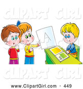 Clip Art of a Cute Boy Sitting at a Desk While Other Children Admire an a on a Report Card by Alex Bannykh