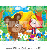 Clip Art of a Cute Brown Bear Chatting with Little Red Riding Hood in a Flower Bed near a House by Alex Bannykh