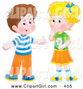 Clip Art of a Cute Brunette Boy Holding His Arms out While Talking to a Little Blond Girl by Alex Bannykh