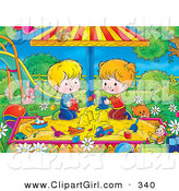 Clip Art of a Cute Cat near a Boy and Girl Playing in a Sandbox in a Park by Alex Bannykh