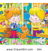 Clip Art of a Cute Cat Playing with a Happy Boy and Girl in a Messy Bedroom by Alex Bannykh