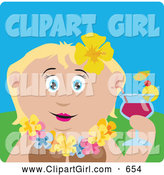 Clip Art of a Cute Caucasian Woman in a Hawaiian Lei, Drinking a Cocktail on Vacation by Dennis Holmes Designs