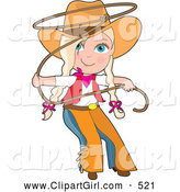 Clip Art of a Cute Cute Cowgirl in Chaps and a Hat, Swirling a Lasso, Her Blond Hair in Braids by Maria Bell