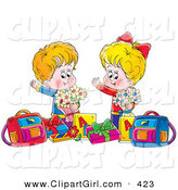 Clip Art of a Cute Happy Boy and Girl Holding Flowers, Standing with Presents and Bags by Alex Bannykh