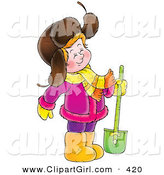Clip Art of a Cute Happy Girl in a Purple Coat, Standing with a Shovel by Alex Bannykh